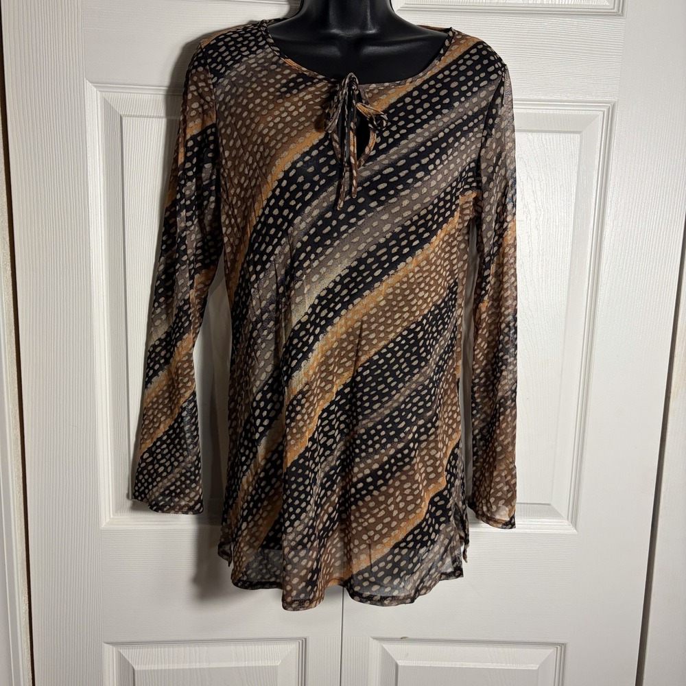 Vintage NY Co Sheer Mesh Top Women M Brown Tan Diagonal Stripes Long Sleeve Y2K